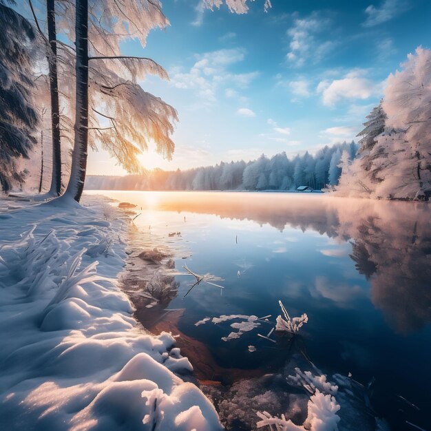 Foto foto di una scena invernale su un lago tranquillo neve in un soleggiato giorno d'inverno luce del giorno cinematografico colorato