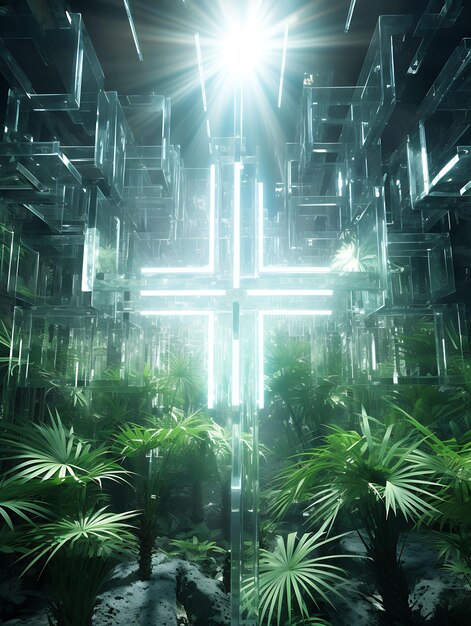 Photo of wireframe sacred cross filled with intertwined palm branches good friday palm sunday art