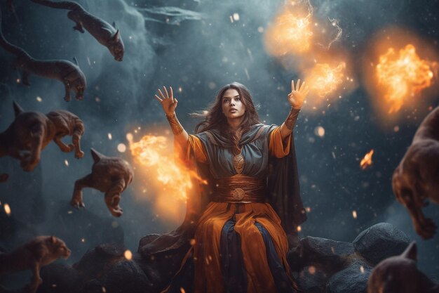 Photo the witch with magic ball in her hands causes a spirits in cave