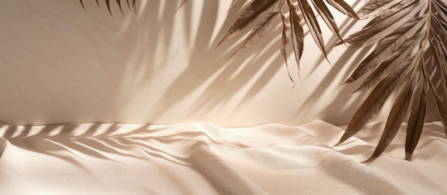 A photo with a background of beige linen fabric featuring the overlay of palm leaves shadows It