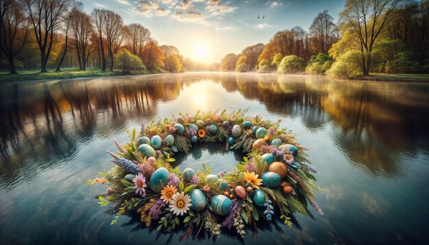 Photo with an Easter wreath floating on water