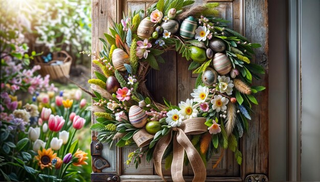 Photo with an Easter wreath on a wooden door An Easter wreath hangs on a wooden door