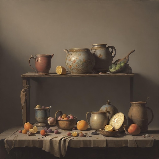 photo with old fashioned feel with pots and fruits on the table