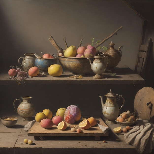 photo with old fashioned feel with pots and fruits on the table