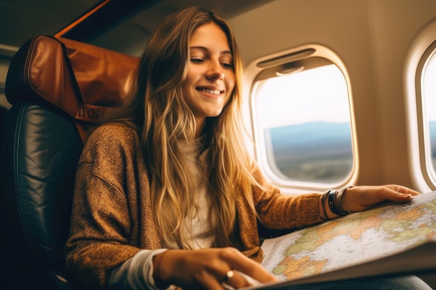 A photo of a woman on an airplane holding a map and planning her itinerary for the vacation Generative AI