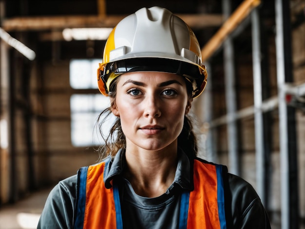 photo of woman as a construction worker with helmet generative AI