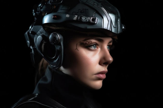 A photo woman cyborg wearing black helmet with angry expression on dark background