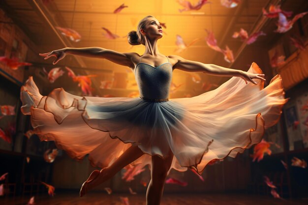 Photo photo of a woman dancing in a blue and white dress