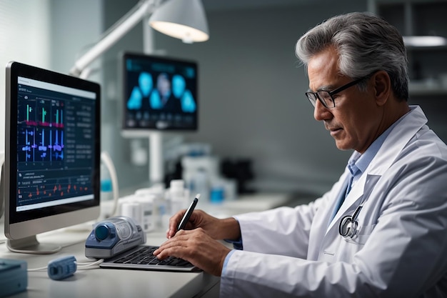 Foto fotografia di una donna dottore che esamina un'anatomia umana su un display di esame medico hologramma