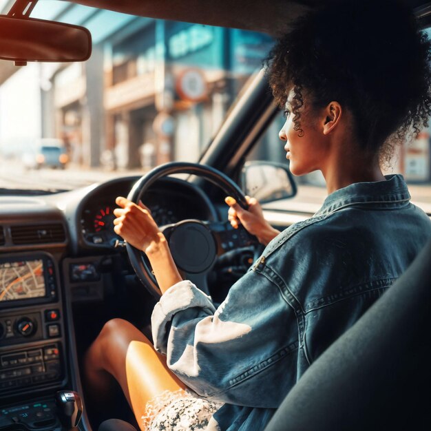 photo of woman driving modified tuned car generative AI