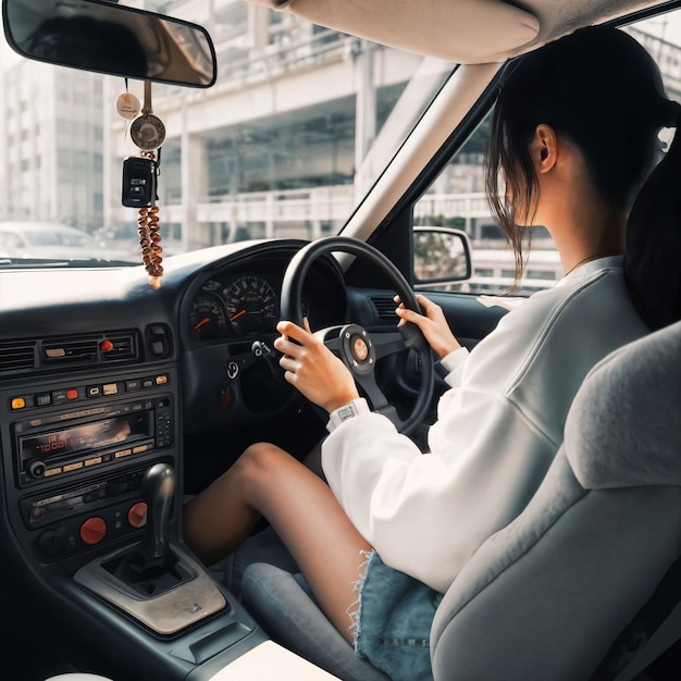 女性が車を運転する写真 改造されたチューニングされた車 生成的なAI