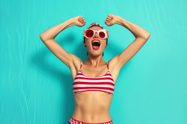 Photo photo woman fist up scream yes swimmer ocean distance win wear red striped set shorts isolated vivid color background