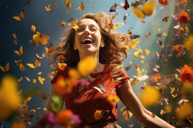 Foto foto di donna felicità fiori foglie che volano