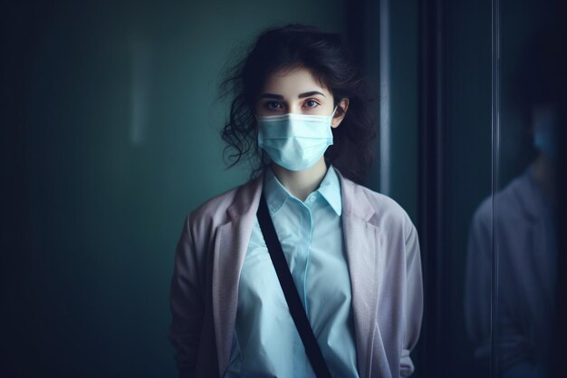 Photo photo a woman is sick standing wearing a mask