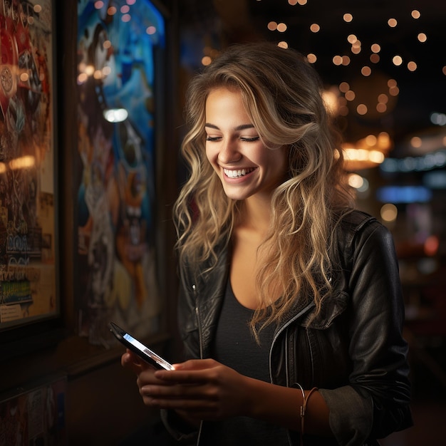 photo of a woman looking at the phone and smiles