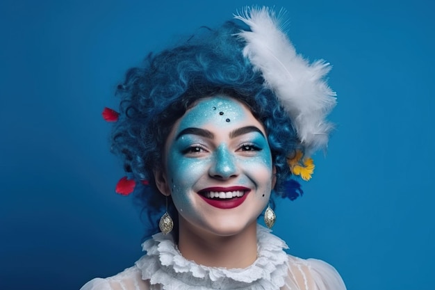A photo of woman make up in carnival with blue short hair