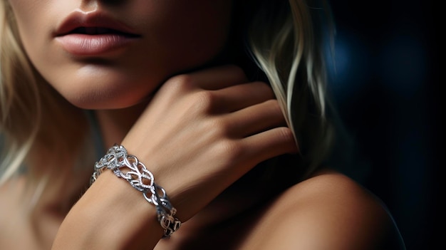 A Photo of a Woman Posing with a Glamorous Tennis Bracelet