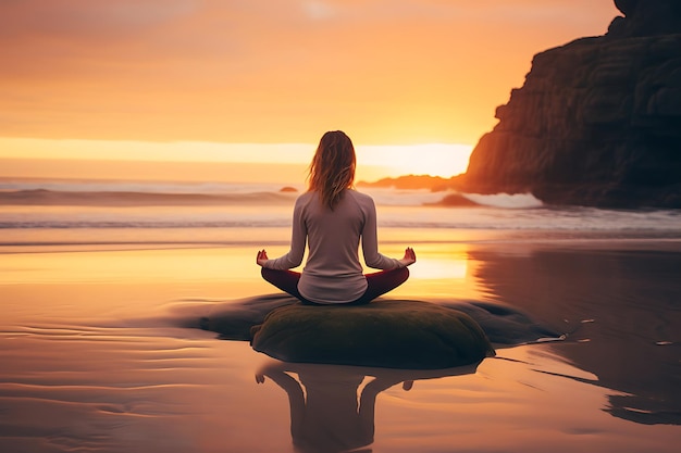 Photo of Woman practicing meditation on the beach at dusk