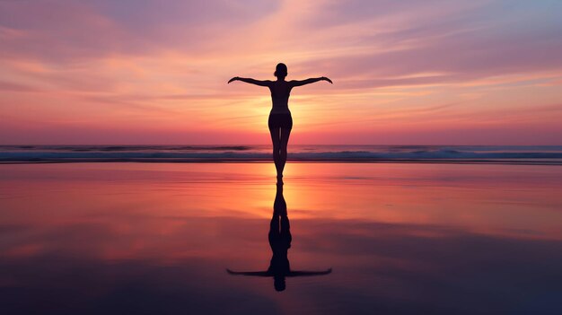 Foto foto di una donna che pratica yoga su una spiaggia all'alba