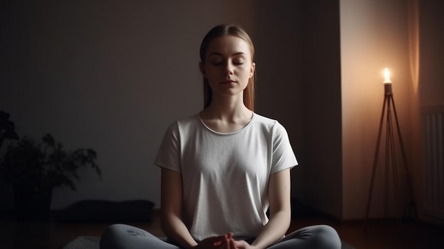 Foto foto della donna che pratica yoga a casa