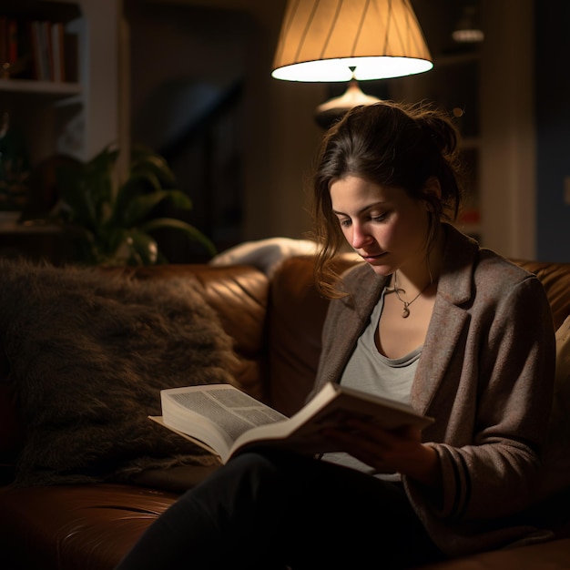 Фотография женщины, читающей книгу, сидя на диване.