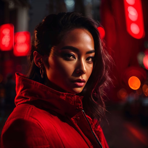 Photo of woman in red cloth at street night with light generative AI