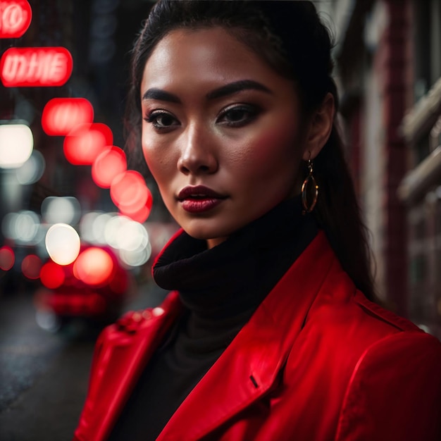 Photo of woman in red cloth at street night with light generative AI