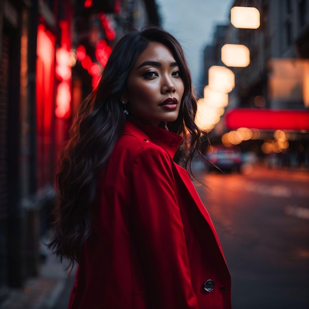 Photo of woman in red cloth at street night with light generative AI