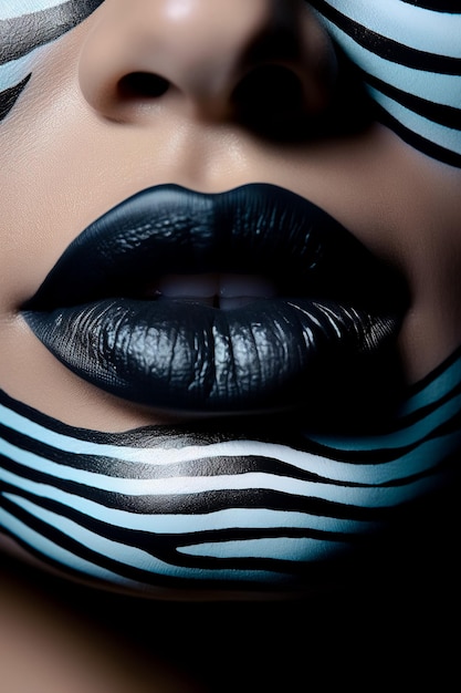 Photo of woman's face painted with zebra stripes Close up