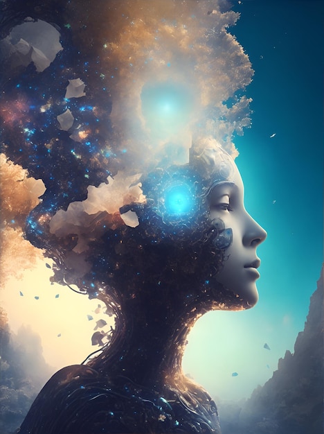 Photo of a woman's head with a surreal cloudfilled landscape inside