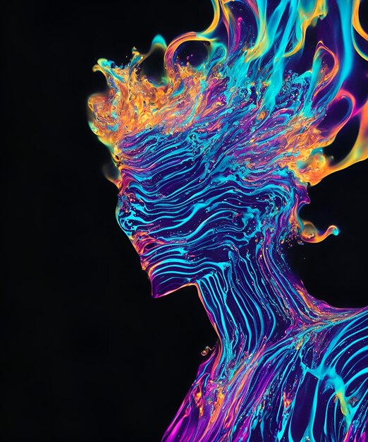 Photo of a woman's head with vibrant neon paint creating an artistic and colorful effect