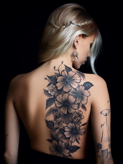 背中のタトゥーを展示している女性の写真