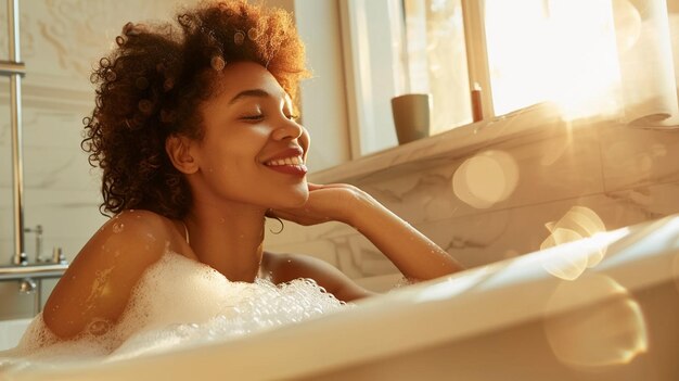 Photo photo of woman sitting in bubble bathtub indulging in pampering day at home