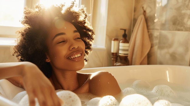 Photo photo of woman sitting in bubble bathtub indulging in pampering day at home