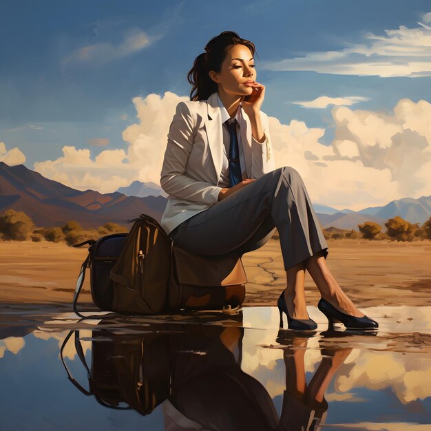 Photo of a woman sitting on a suitcase in front of a vibrant painting