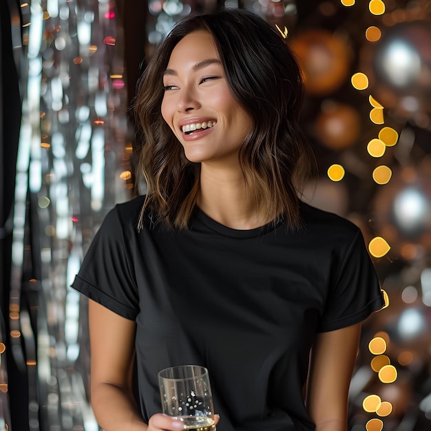 Photo of a woman smiling at a glass with holiday lights