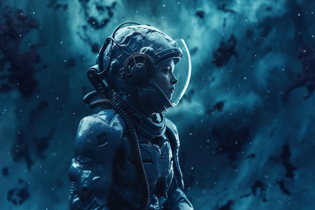 Photo a woman in a space suit stands in front of a dark background