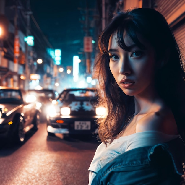 photo of woman standing posing beside modified tuned car generative AI