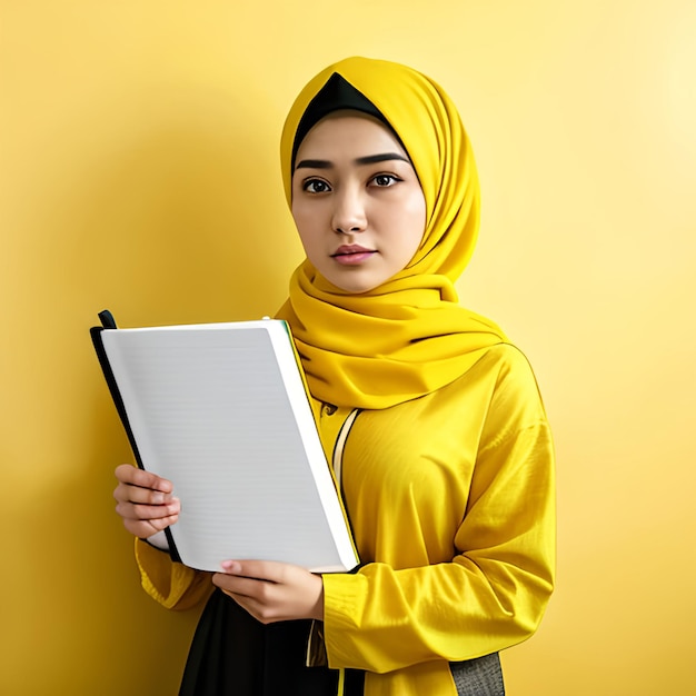 Photo woman student beautiful muslim female student wearing bright yellow hijab holding notebook
