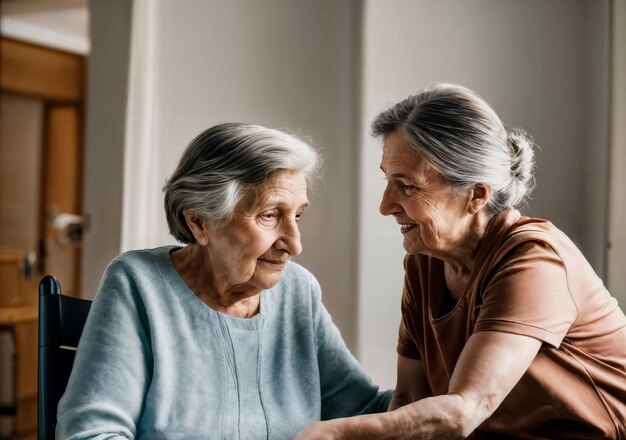 photo of woman take care senior woman at home generative AI