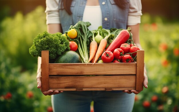 女性が手に野菜のバスケットを撮っている写真