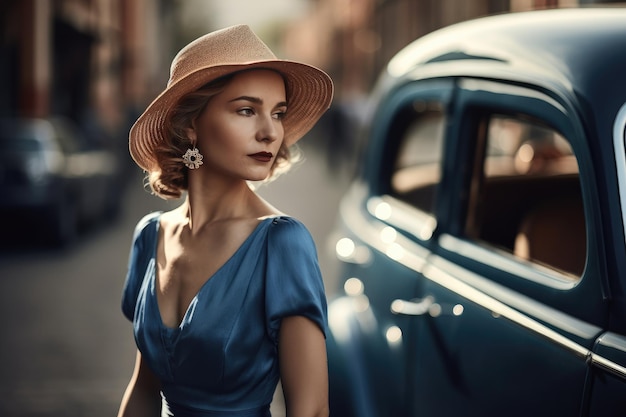 Photo of a woman wearing a blue dress and a hat with a city street and a vintage car