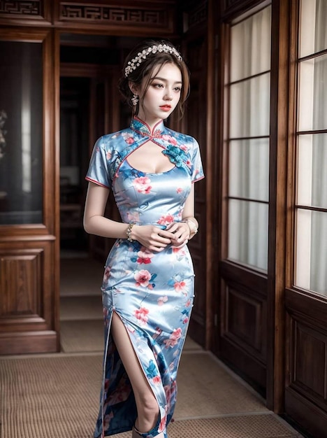 a photo of a woman wearing a china dress