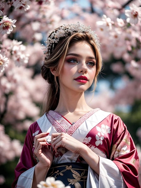 a photo of a woman wearing a Japanese kimono