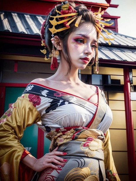 a photo of a woman wearing a Japanese kimono