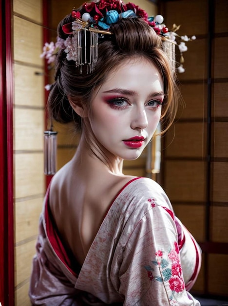 a photo of a woman wearing a Japanese kimono