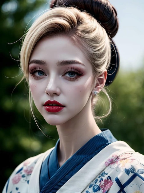 a photo of a woman wearing a Japanese kimono