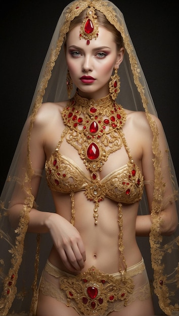 Photo of woman wearing a lingerie set with diamonds with a veil and a necklace with precious stones