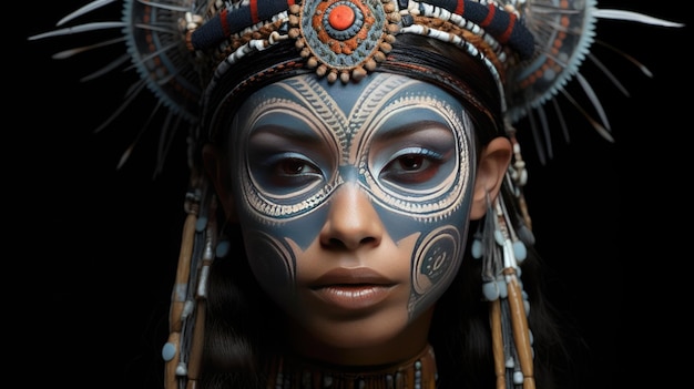Photo of a woman wearing vibrant headdress and colorful face paint