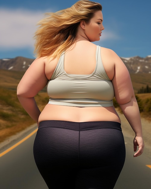 A photo of a woman who is overweight wearing sportswear and jogging on the road from behind